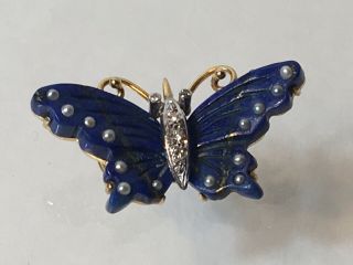 Vintage 14k Yellow Gold Lapis Lazuli Butterfly Pendant With Seed Pearls Diamonds