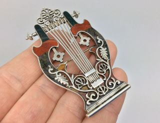 Very Rare Large Antique Victorian Scottish Agate Lyre Silver Brooch - Instrument