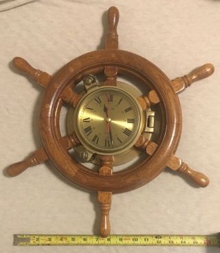 Penco Ship Time Portal Heavy Brass And Oak Wheel Quartz Clock