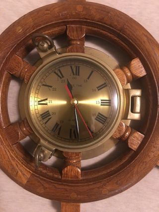 Penco Ship time portal heavy brass And Oak Wheel Quartz clock 2