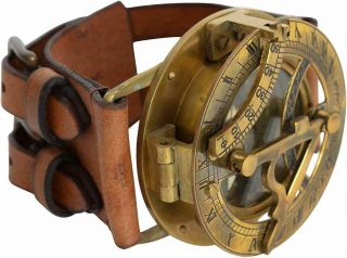 Vintage Nautical Steampunk Sundial Compass Wrist Watch Leather Strap Handmade