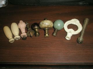 (9) Antique Lamp Finials Cast Iron,  Brass,  Glass,  Alabaster,  & Plastic.