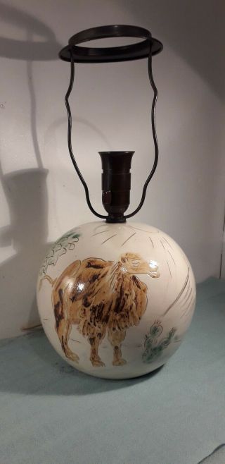 Signed Studio Pottery Sgraffito Camel In Desert Art Deco Style Table Lamp Base