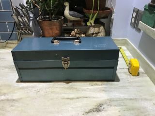 Awesome Heavy Duty Sears Vintage Metal Tool Box Blue W/ Red Removable Tool Tray