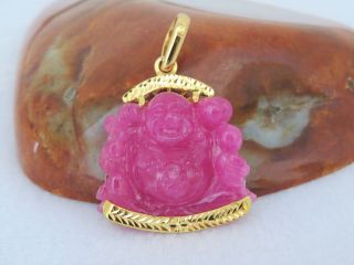 Vintage 18k Solid Yellow Gold Natural Ruby Laughing Buddha Happy Buddha Pendant