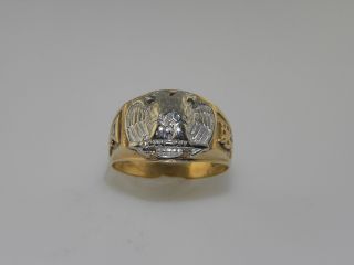 Mens Retro Estate 10k Yellow Gold Double Eagel 32 Degree Masonic Ring