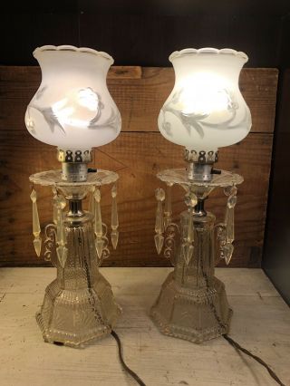 Set Of 2 Vintage Glass Boudoir Lamps With Raised Floral Design Glass Shades