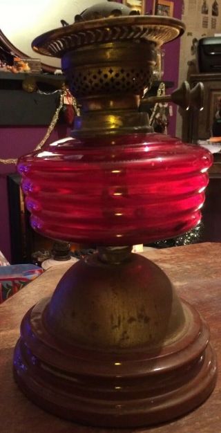 Antique Victorian Veritas Oil Lamp - Red Glass & Brass