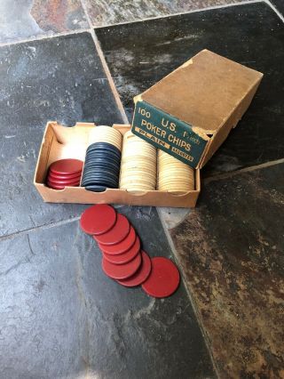 (86) Vintage U.  S.  Anchor Clay Poker Chips With Box C.  1940 
