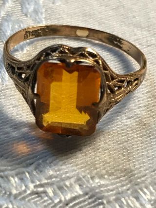 14k Rolled Gold Antique Art Deco Ring Filigree Synthetic Citrine