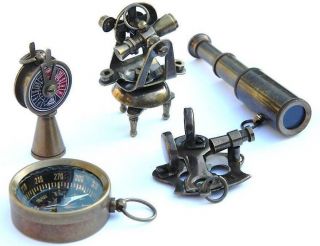 Nautical Gift Set - Miniature Telescope,  Theodolite,  Telegraph,  Sextant,  Compass