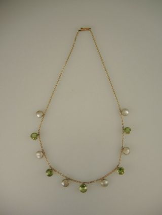 Solid 9k Gold,  Peridot And Pearl Necklace.  Art Nouveau C1910