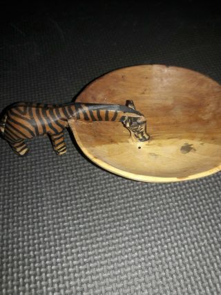 Primitive Hand Carved - Painted Wood Zebra Drinking From Bowl. 3