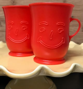 Pair Vintage Kool - Aid Advertisement Smile Red Plastic Cups 4” No Marks Face Mug
