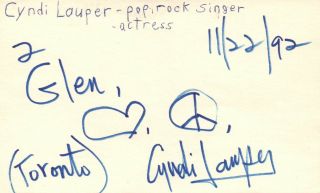 Cyndi Lauper Pop Rock Singer Actress Music Autographed Signed Index Card Jsa