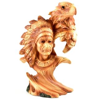 Faux Wood Western Native American Indian With Eagle Bust Resin Figurine