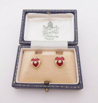 18ct Gold Guilloche Enamel Diamond Earrings,  Boxed Sweetheart Art Deco