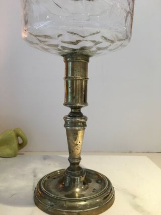 Antique Large Clear Glass And Brass Oil Lamp Mottled Imprint