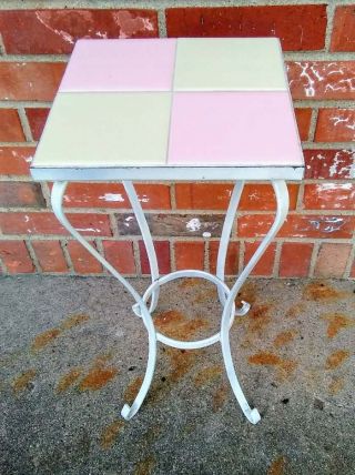 Vintage Wrought Iron Checkerboard Tile Side Table Pink White 9x9 Top X 20h