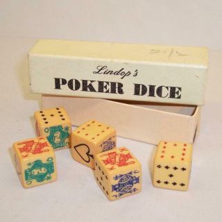 Vintage Boxed Set Of 5 Poker Dice Lindops Brand Butterscotch Bakelite/catalin