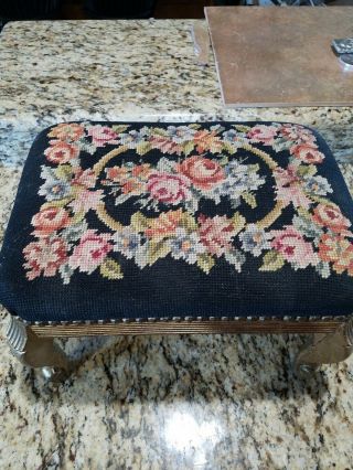 Antique/vtg Floral Needlepoint Carved Solid Mahogany Foot Stool Ottoman