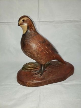Vintage 8.  5 " T Hand Carved Wood Quail Dated Signed R D Lewis 