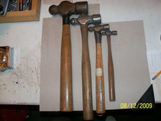 Four,  Vintage Ball Peen Hammers With Handles From 12 1/2 To 9 Inches Long.