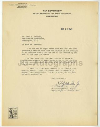 Thomas J.  Hanley Jr.  - U.  S.  Major General,  Wwii - Signed Letter (tls),  1943