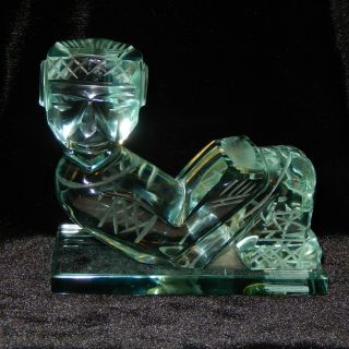 Large Aztec Mayan Chacmool Figure Aqua Glass Carving Polished Sculpture Green