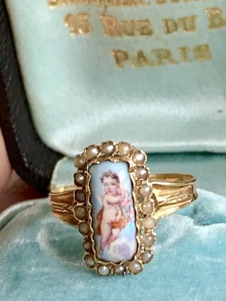 Rare Victorian 18 Ct Gold Pearls Swiss Enamel Cherub Ring,  Circa 1820