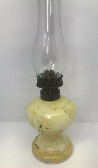 Antique Miniature Oil Lamp Hand Painted Embossed Ornate Hornet Burner