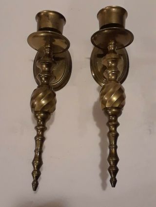 Vintage Set Of 2 12 " Twisted Brass Wall Sconce Candle Holders Made In India