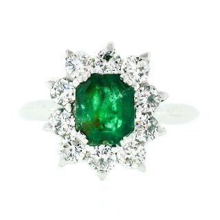 Vintage 18k White Gold 2.  55ctw Green Emerald & Round Diamond Halo Cocktail Ring