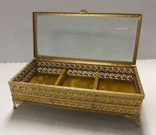 Vintage Brass Filigree Ormolu Jewelry Box Casket Beveled Glass Chest 11x5x3