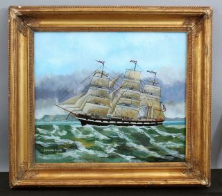 Antique 19thc Edward Scott American Reverse - Glass Painting Clipper Ship Seascape