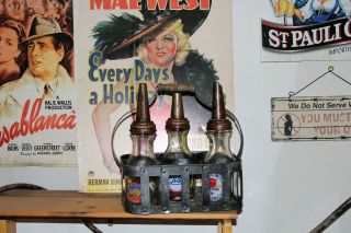 Vintage Glass Motor Oil Bottles Carrier Plus 3 Motor Oil Bottles And 3 Oil Spout