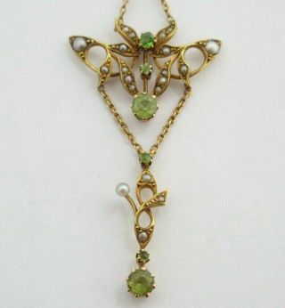 Antique Art Nouveau 15ct Gold Lavalier Peridot,  Seed Pearls Pendant 9ct Necklace