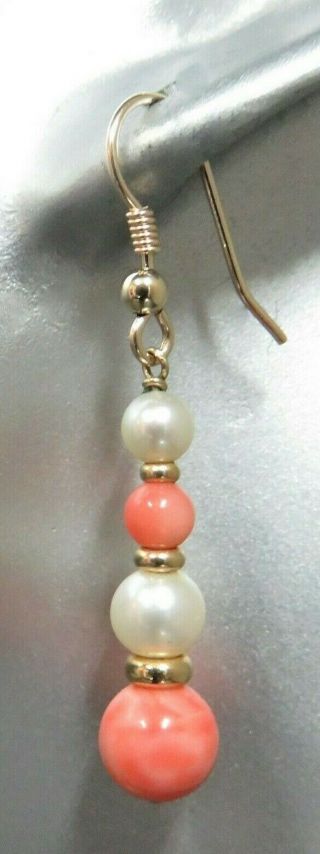 Vintage 9ct Gold Coral & Cultured Pearl Drop Earrings.  4 Cm.  Xbod.