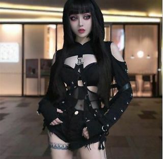 Women Hollowed Hoodies Metal Bandage Gothic Crop Tops Punk Pullover Sweatshirts