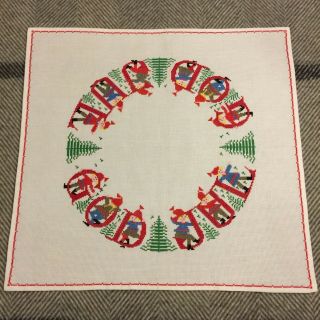 Vintage Swedish Christmas White Embroidered Tablecloth Table Cloth Elves God Jul