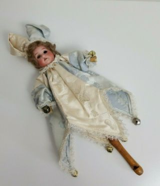 Antique Doll German Bisque Head Marotte With Silk Clothes 14 " Musical