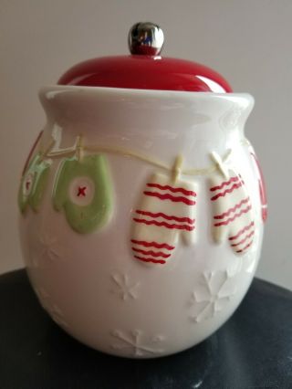 Vtg Hallmark Christmas Cookie Jar Mittens Clothesline Jingle Bell Top Ceramic