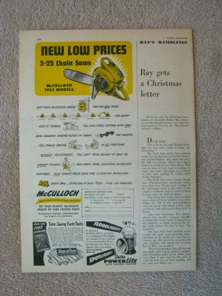 Vintage 1952 Mcculloch Chain Saws 1953 3 - 25 Low Prices Print Ad