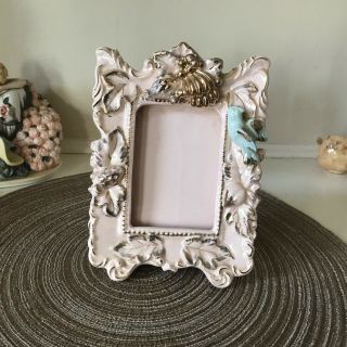 Vintage Pink And Gold Ceramic Frame With Blue Bird Ornate 3x4 Pic