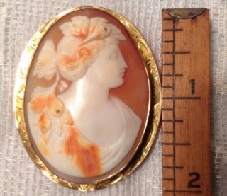 Lovely Vintage 10k Gold Carved Cameo Brooch Pin Pendant 2 " X 1 5/8 "