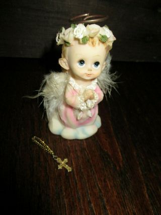 Vintage Praying Angel Girl With Cross Figurine Feather Wings 4 " Tall