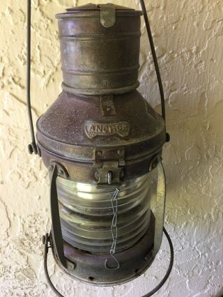Vintage 1950s Ship Lantern Brass Anchor Oil Lamp Nautical Fresnel Glass