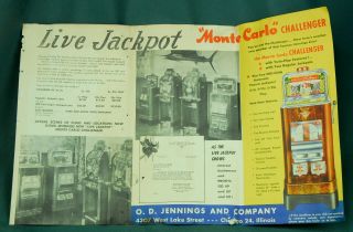 1949 Jennings Monte Carlo Challenger Slot Machine Live Jackpot Tri - Fold Brochure