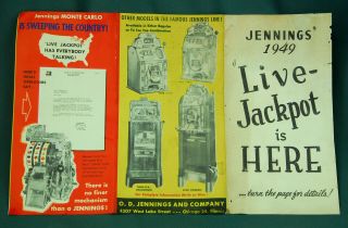 1949 Jennings Monte Carlo Challenger Slot Machine Live Jackpot Tri - fold Brochure 2