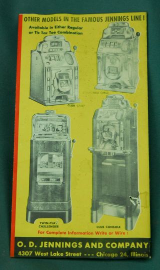 1949 Jennings Monte Carlo Challenger Slot Machine Live Jackpot Tri - fold Brochure 3